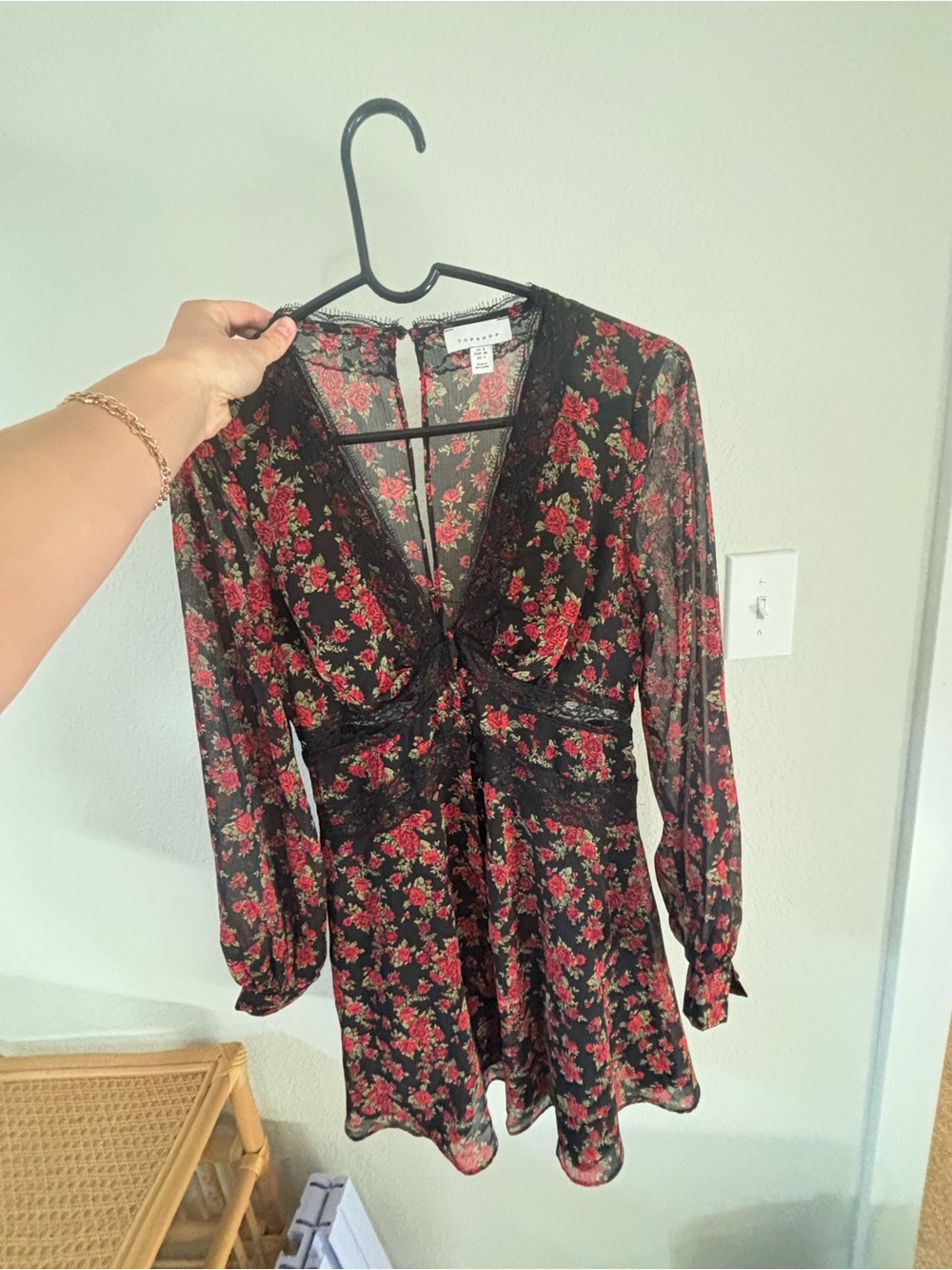 Topshop Black Floral Lace Trim Mini Dress